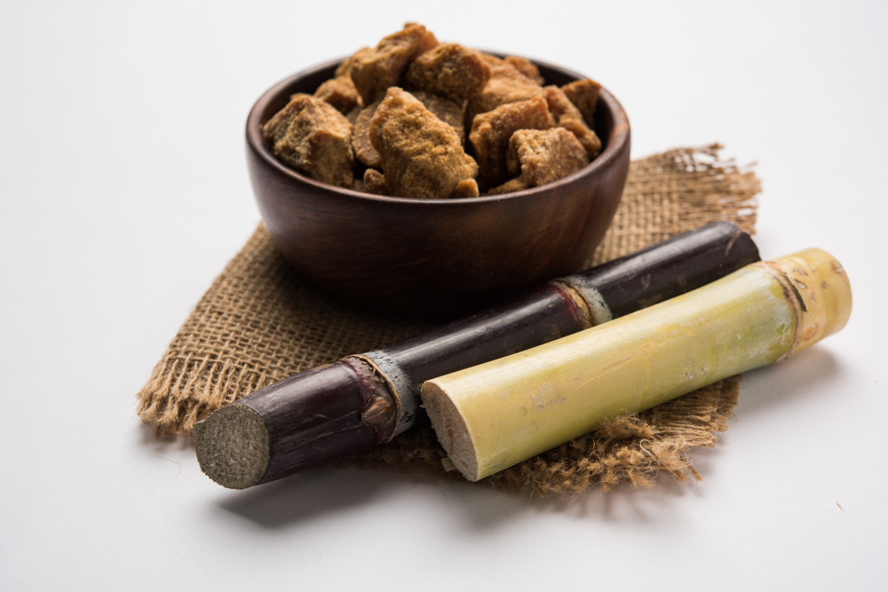 Jaggery or gur with sugar cane